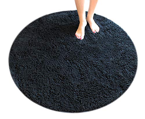 Masada Rugs, Black Bath Mat Rug Shag Non Slip Ultra Plush Microfiber Chenille Highly Water Absorbent Durable and Washable for Bathroom. (4 Feet Round, Black)