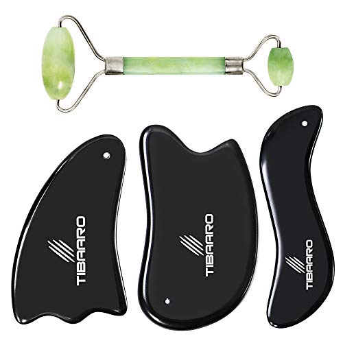 Book Cover TIBAARO Gua Sha Scraping Massage Tool - Facial Jade Roller + 3 Guasha Bian Stones with Smooth Edge Professional Tools Set - Stone Boards for Spa Acupuncture Therapy Trigger Point Treatment + eBook