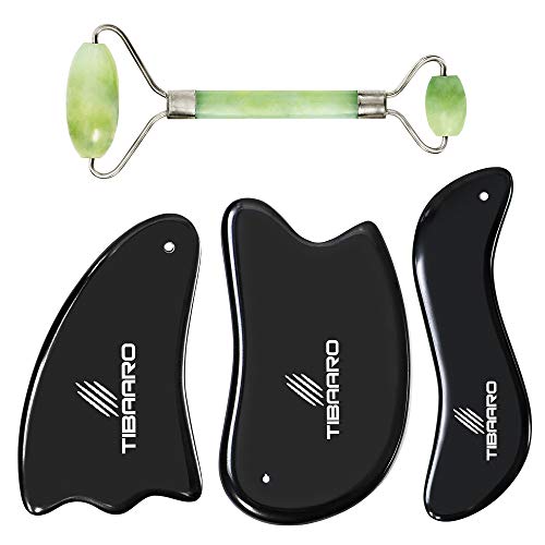 TIBAARO Gua Sha Scraping Massage Tool - Facial Jade Roller + 3 Guasha Bian Stones with Smooth Edge Professional Tools Set - Stone Boards for Spa Acupuncture Therapy Trigger Point Treatment + eBook