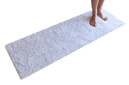 Masada Rugs, Pure White Bath Mat Rug Shag Non Slip Ultra Plush Microfiber Chenille Highly Water Absorbent Durable and Washable for Bathroom. (20 Inch X 59 Inch, White)