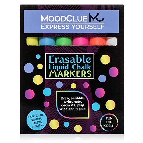 Perfect for windows, glass, car windshields, whiteboards, most chalkboards. 6 bright neon liquid chalk markers. Washable, non-toxic, odorless. Wet or dry erase. Reversible tip - thick or thin.