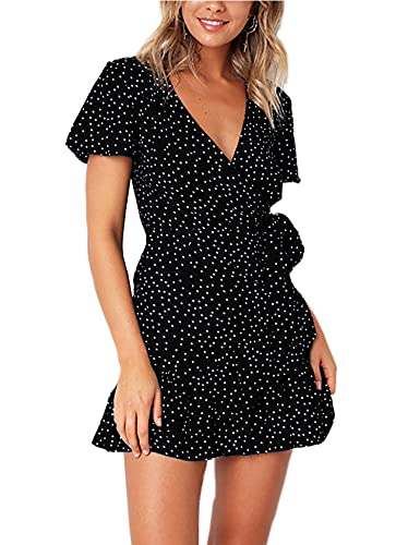 Relipop Summer Women Short Sleeve Print Dress V Neck Casual Short Dresses
