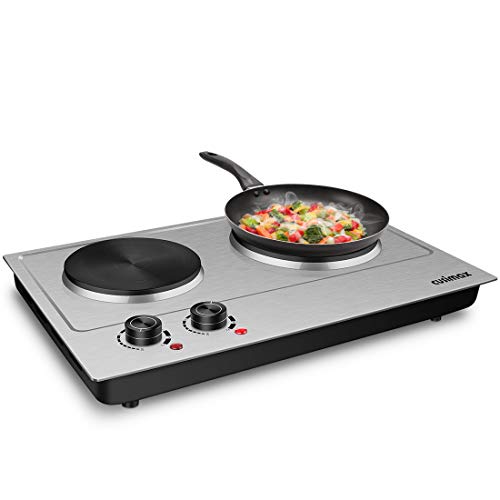 Book Cover CUSIMAX 1800W Double Hot Plate, Stainless Steel Silver Countertop Burner Portable Electric Double Burners Electric Cast Iron Hot Plates Cooktop, Easy to Clean, Upgraded Version C180N