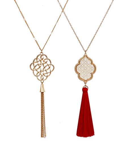 ALEXY 2Pcs Long Chain Pendant Necklace Set, Filigree Quatrefoil and Celtic Knot Pendant Tassel Y Necklaces for Women