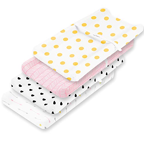Changing Pad Cover – Premium Baby Changing Pad Covers 4 Pack – Boy or Girl Changing Pad Cover – Pure Cotton Machine Washable Pink and White Changing Table Cover – Diaper Changing Pad Cover Sheets