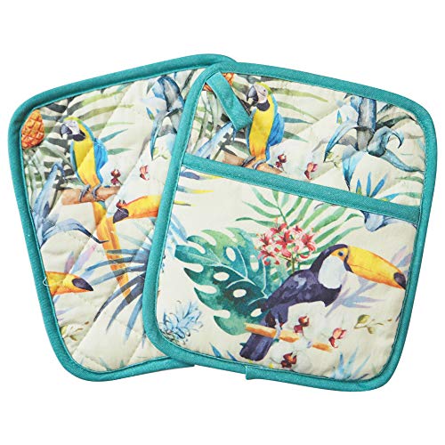 Pot Holders Set of 2 Heat Resistant 480â„‰ Kitchen 100% Cotton Comfortable Lining Digital Printing Bird Flower Women Men Home Cooking Baking Microwave BBQ Gift (Bird Flower Pot Holders)