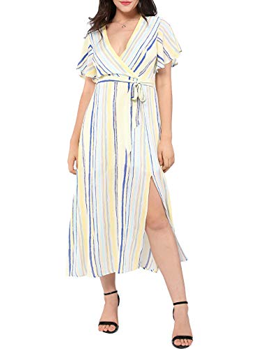 Azalosie Wrap Maxi Dress Short Sleeve V Neck Floral Flowy Front Slit High Low Women Summer Beach Party Wedding Dress
