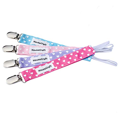 Book Cover HouseCraft Pacifier Clip - 4 Pack of Pacifier Clips for Girls, Pacifier Holder & Teether Holder - Pacifier Leash for Baby Toys - A Baby Necessity - Binky Clip Colors: Pink, Purple, Hot Pink, Blue