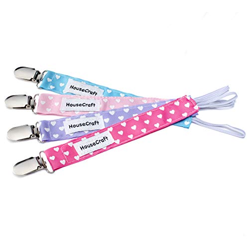 HouseCraft Pacifier Clip - 4 Pack of Pacifier Clips for Girls, Pacifier Holder & Teether Holder - Pacifier Leash for Baby Toys - A Baby Necessity - Binky Clip Colors: Pink, Purple, Hot Pink, Blue
