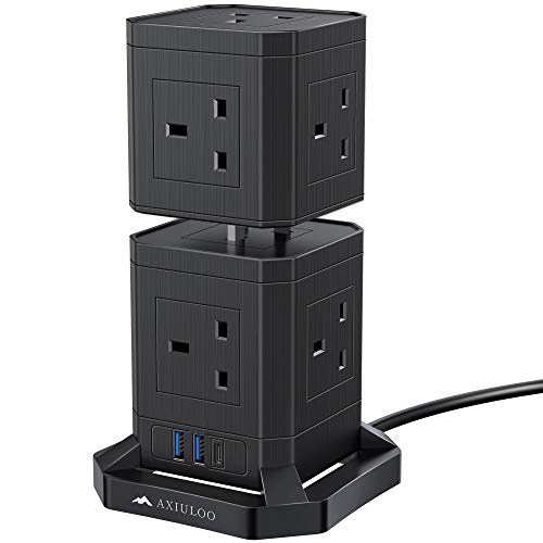 AXIULOO Power Strip Tower 30W USB C Port + 12W Dual Ports 9 Way Outlets, Multi Plug Extension Extention Lead Electric 2M Cable Cord with USB Slots 2500W 10A UK Socket Adapter Switch Surge Protection