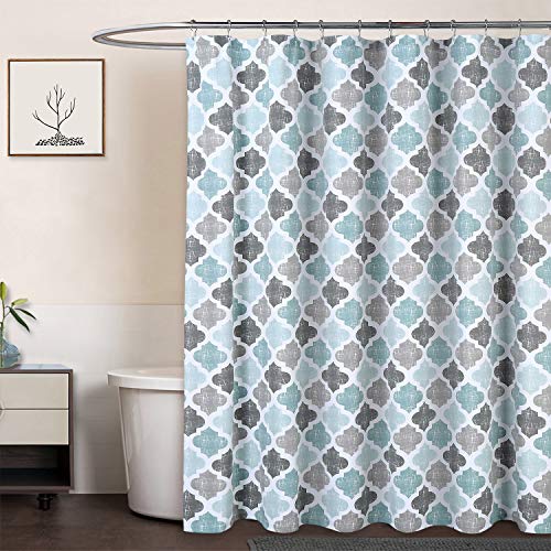 CAROMIO Fabric Shower Curtain, Geometric Quatrefoil Patterned Modern Poly-Cotton Farmhouse Shower Curtain for Bathroom, Aqua/Mint/Grey, 72x72 Inches