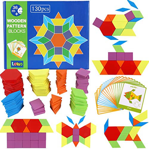 Lewo Wooden Pattern Blocks Montessori Tangrams Toys for Kids Ages 4-8 Educational Kindergarten Shape Puzzles with 24 Design Cards