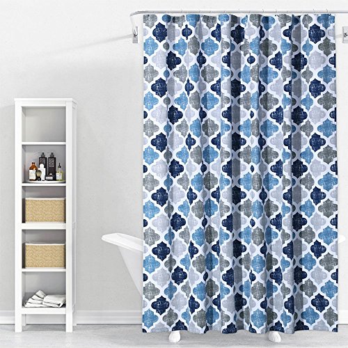 Geometric Quatrefoil Patterned Modern Poly-Cotton Fabric Shower Curtain for Bathroom Washable 72" x 72" Multi Color, Navy/Blue/Grey