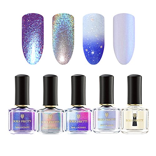 BORN PRETTY Nail Art Nail Polish Set, 4 Colors Collection Chameleon Color Changing holographic Pearl Shell Glimmer Base Coat Oil 6ml