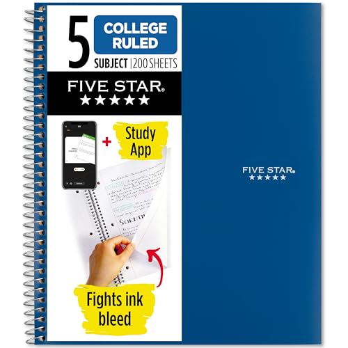 Five Star Spiral Notebook, 5 Subject, College Ruled Paper, 200 Sheets, 11" x 8-1/2", School, Wired, Blue (73635)