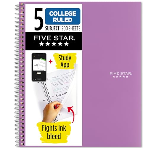 Five Star Spiral Notebook Plus Study App, 5-Subject, College Ruled Paper, 11" x 8-1/2", 200 Sheets, Amethyst Purple, 1 Count (38748)