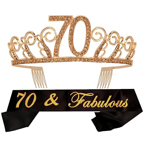 MEANT2TOBE 70th Birthday Sash and Tiara for Women - Fabulous Glitter Sash + Waves Rhinestone Gold Premium Metal Crown for Her, 70th Birthday Gifts Ideas & Party Decorations for Happy Mom & Women