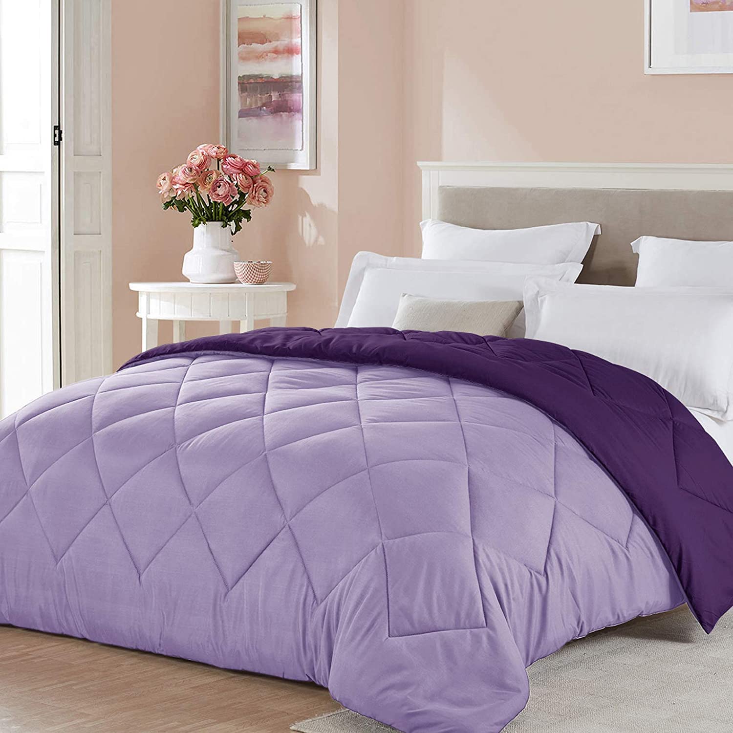 Seward Park Full/Queen Size Reversible Comforter Kids Lightweight Microfiber Fill Girls Bedding All Season Cooling Summer Bedspread Blanket Lavender Plum/Light Dark Purple Plum Full/Queen