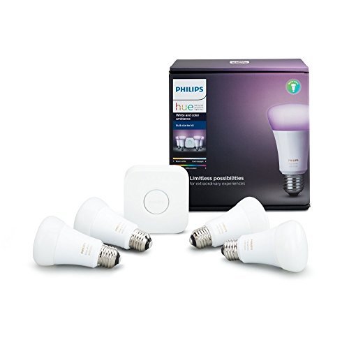 Book Cover Philips Hue White and Color Ambiance A19 60W Equivalent LED Smart Bulb Starter Kit, 4 A19 Bulbs and 1 Hub Compatible with Amazon Alexa Apple HomeKit and Google Assistant, (All US Residents)