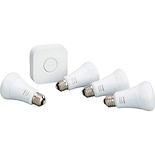 Book Cover Philips Hue White Ambiance Smart Light Bulb Starter Kit, 4 A19 Smart Bulbs and 1 Hub, Compatible with Alexa, Apple HomeKit and Google Assistant, (California Residents)