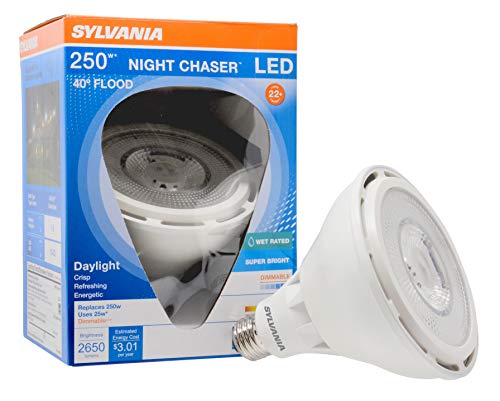 SYLVANIA Night Chaser LED PAR38 Light Bulb, 250W=25W, Dimmable, 22 Years, Super Bright 2650 Lumens, 5000K, Daylight - 1 Pack (74794)