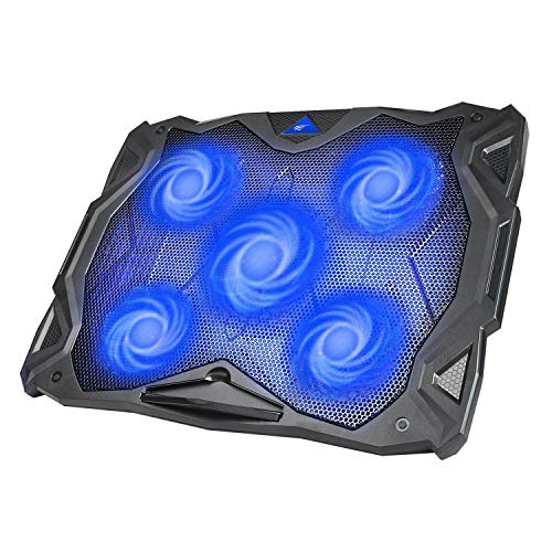 Book Cover HAVIT 5 Fans Laptop Cooling Pad for 14-17 Inch Laptop, Cooler Pad with LED Light, Dual USB 2.0 Ports, Adjustable Mount Stand (Blue)