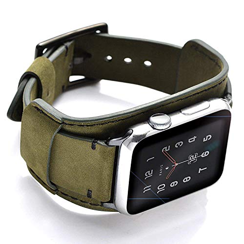 Coobes for Apple Watch Band 42mm Cuff Genuine Leather Vintage Crazy Horse Leather iwatch Band Replacement Straps for Series 3,Series 2,Series 1,Edition for Men Women(Army green)