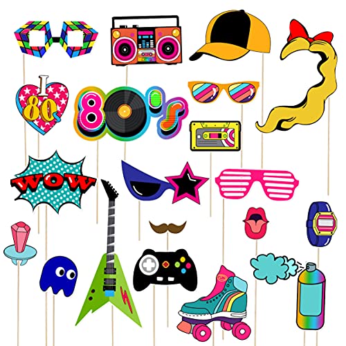 LUOEM 21pcs 80's Photo Booth Props Funny Birthday Party Photo Props with Wooden Sticks Creative Party Supplies, Perfect for 1980s Theme Birthday Party Decoration Accessories
