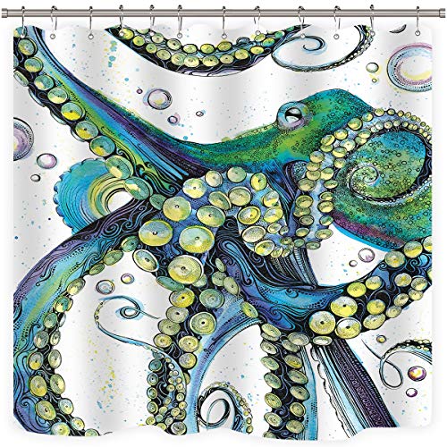 Riyidecor Riyidecor  Octopus Shower Curtain Panel Blue and Green Kraken Decor Fabric Set Sea Ocean Animal White Polyester Waterproof Fabric for Bathtub 72X72 Inch 12 Pack Metal Shower Hooks Incl