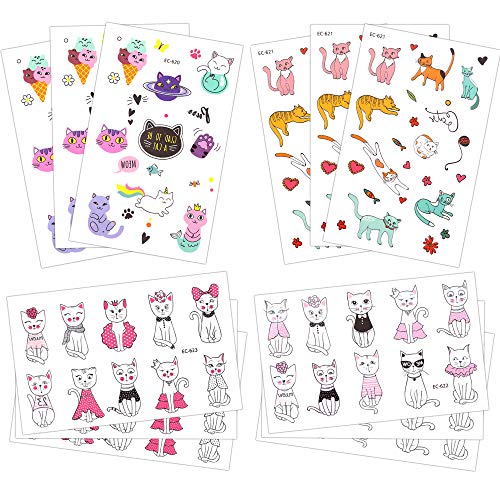 Temporary Tattoos for Girls Kids Women(180pcs), Konsait Cute Kitty Cat Tattoos Waterproof Body Art Sticker Great Birthday Party Favors Kids Party Accessories Goodie Bag Stuffers Party Fillers Gift