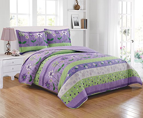 Book Cover Mk Collection 2pc Twin Size Bedspread Set Purple/Lavender Green White Flower Petals New