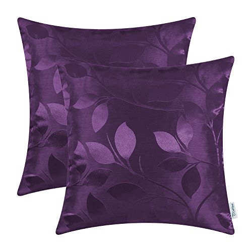Book Cover CaliTime Pack of 2 Throw Pillow Covers Cases for Couch Sofa Home Decor Shining & Dull Contrast Vibrant Growing Leaves 18 X 18 Inches Deep Purple