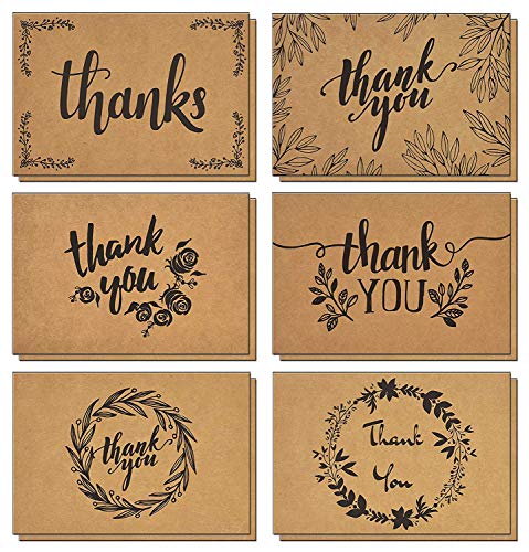150 Thank You Cards with Matching Brown Kraft Envelopes and Stickers - Elegant 10 Designs Kraft Paper Bulk Blank Notes, Prefolded 4x6 Inch Blank