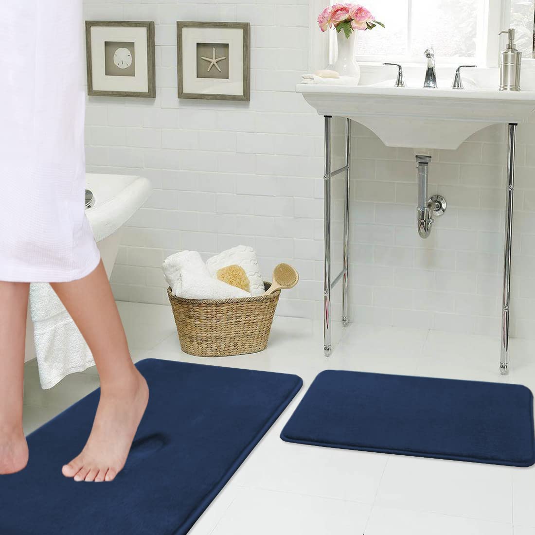 Flamingo P Soft Memory Foam Microfiber Bath Rugs Extra Absorbent Flannel Bath Mats Machine-Washable Bathroom Mat Set, 2 Piece, 20x32/17x24 Inch Navy 20" x 32" Plus 17" x 24" Navy