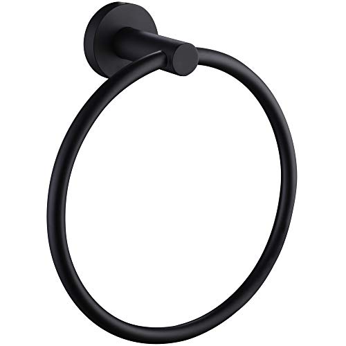 APLusee Matte Black Towel Ring, Bathroom Hand Towel Holder Stainless Steel Modern Round Lavatory Storage Hanger Wall Mounted