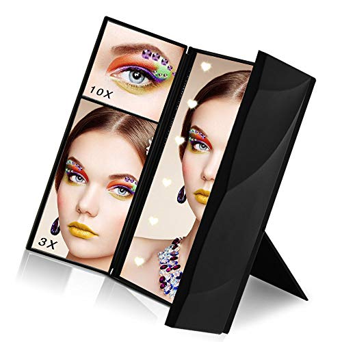 Makeup Mirror, Sanvaree Portable Vanity Mirror with Lights, Led Lighted Travel Mirror, Cosmetic Mirror with 12 Led Lights and 1X/2X/3X/10X Magnifying (Black)
