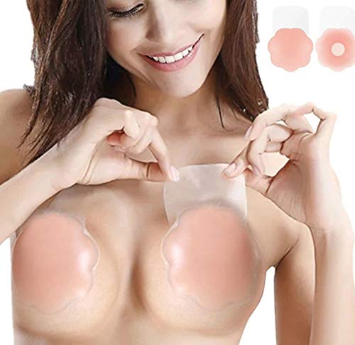Nippleless Covers, Silicone Breast Lift Reusable Breast Pasties Petals (1 Pair with Cotton Cover)