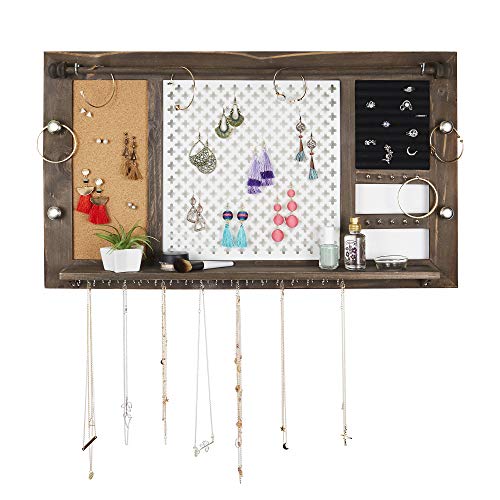 Deluxe Rustic Wood Jewelry Organizer - from Hanging Wall Mounted Wooden Jewelry Display - Organizer for Earrings, Necklaces, Bracelets, Studs, and Accessories - SoCal Buttercup