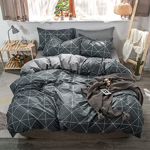 VClife Men Duvet Cover Cotton Modern Black-Grey Geometric Printed Bedding Sets Full Queen Size Reversible Bedding Duvet Sets, Zipper Closure & Easy Care, Breathable Superior Cotton Bedding Sets
