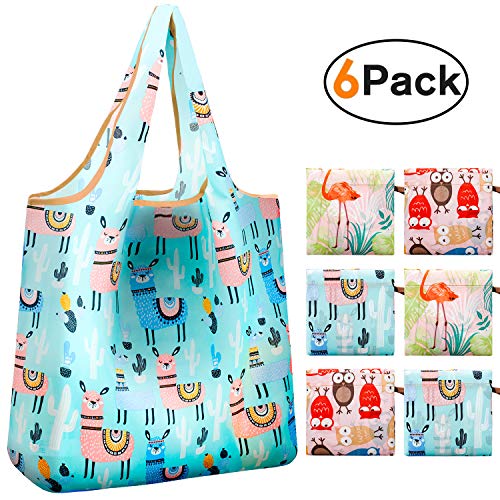 Reusable Grocery Bags Set of 6 | Thicken Nylon Shopping Tote Bag with 35lbs Weight Capacity | Large & Roomy Casual Handbag | Washable & Foldable with Hanging Loop for Easy Storage
