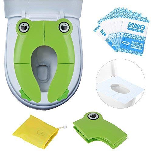 PITAYA Travel Portable Folding Potty Training Toilet Seat Cover, Non Slip Silicone Pads, Suitable for Kids Baby Boys and Girls (Green)