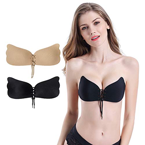 Book Cover HouNa Self Adhesive Bra,Backless Strapless Invisible Lift Push-up Bra with Drawstring for Woman(2 Pack Black and Beige)