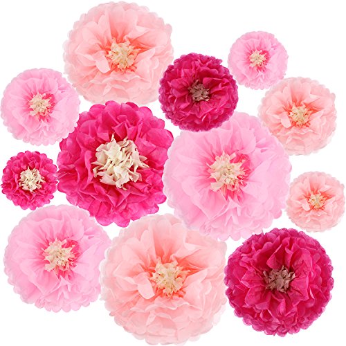 Gejoy 12 Pieces Paper Flower Tissue Paper Chrysanth Flowers DIY Crafting for Wedding Backdrop Nursery Wall Decoration (Pink, Light Pink, Prunosus)