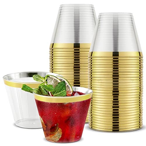 Stock Your Home 9 oz Gold-Rim Disposable Plastic Cups (100 Pack) Elegant Tumblers Glasses for Parties, Weddings, Holidays, Dessert Tumbler, Bulk Drinking Cup for Fruit Punch, Cocktails, Wine