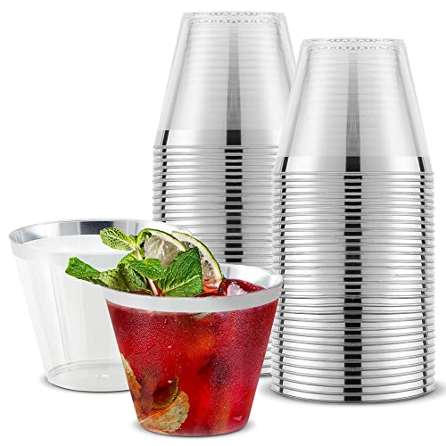 Stock Your Home Silver Rim 9 Ounce Clear Plastic Cups (100 Pack) Disposable Party Cups - Old Fashioned Reusable Plastic Tumblers for Weddings, Parties and Everyday Use