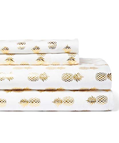Posh Home Metallic Foil Print 4 Piece Sheet Set (Queen, Pineapple Gold-White)