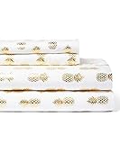 Posh Home Metallic Foil Print 4 Piece Sheet Set (Queen, Pineapple Gold-White)