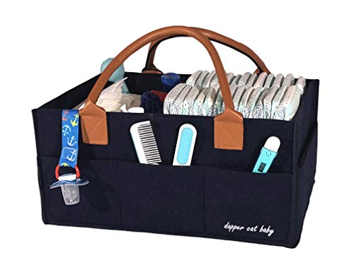 Baby Diaper Caddy Organizer - Large, Blue, Felt Diaper Caddy for Boy, Girl or Newborn - Portable Car Travel Bag - Baby Shower Gift Baskets - Storage Bin for Diapers, Wipes, Toys or Books etc.