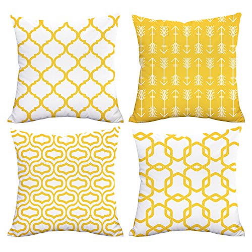 Lemon Yellow Throw Pillow Case Arrow Quatrefoil Accent Trellis Chain Pillow Cover Modern Cushion Cover Square Pillowcase Decoration for Sofa Bed Chair Car Set of 4, 18 x 18 Inch