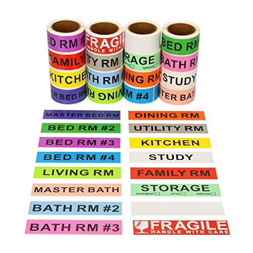 Book Cover 960 Count Home Moving Color Coding Labels - 14 Different Living Spaces Packing Boxes Moving Stickers + 1 Roll Fragile Stickers + 1 Roll Blank Label for Customization - 16 Rolls Total, 60 Labels/Roll